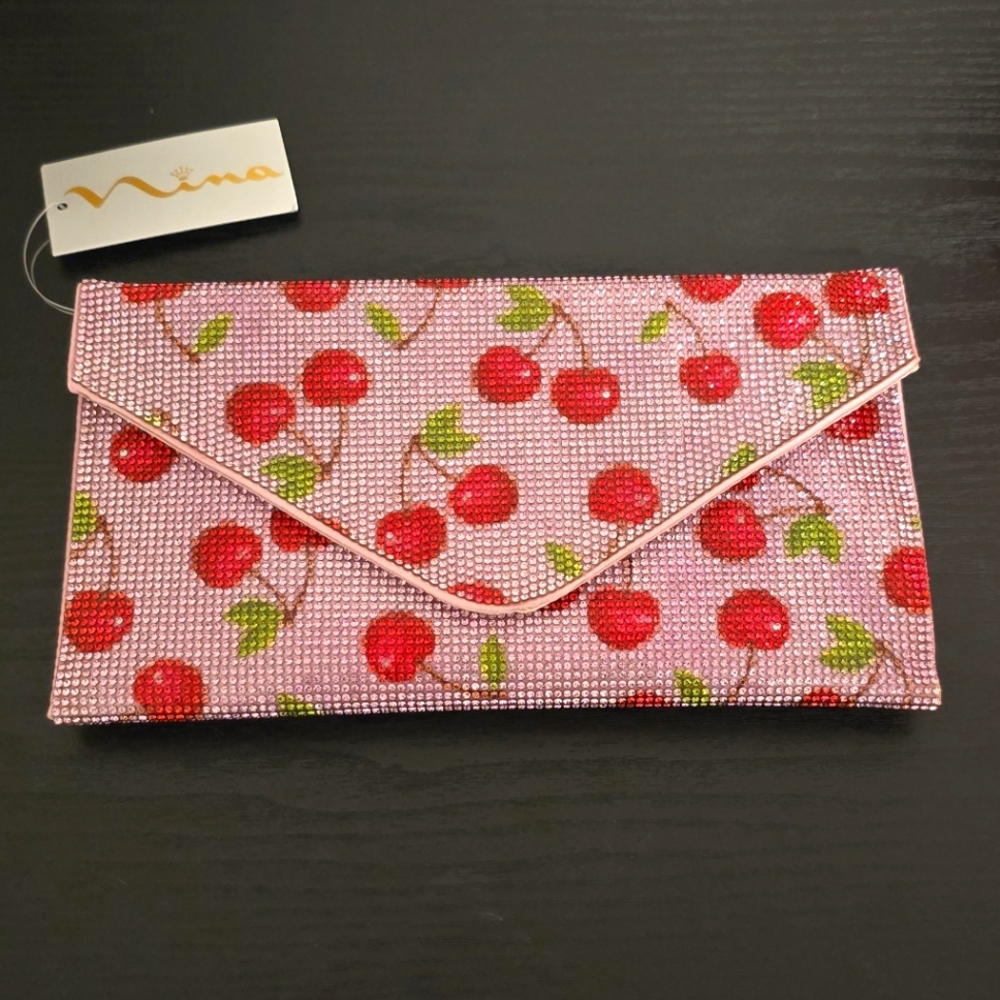 Nina Cherry Print crystal embellished, envelope style clutch with pink interior
